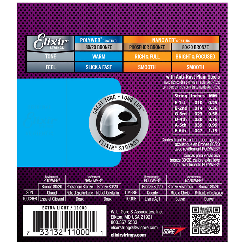 Elixir 11000 Acoustic Strings 80/20 Bronze with POLYWEB Coating Extra Light (.010-.047)