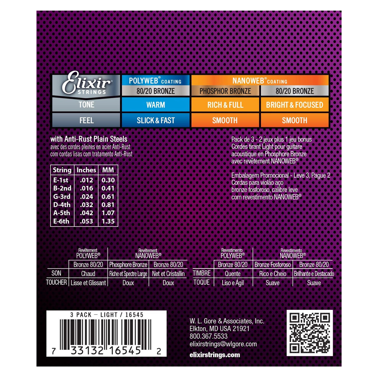 Elixir 16545 Acoustic Light Phosphor Bronze Nanoweb 0.12-0.53 3-PACK